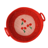 Round Raffia Bread Basket Red Embroidered Cherry Rice DK